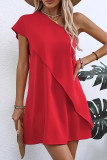 Casual Solid Color Flounce Sloping Shoulder Irregular Dresses