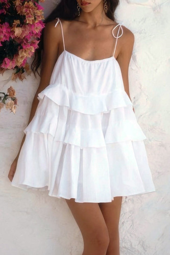 Sexy Solid Color Lace Up Flounce U Neck Cake Skirt Dresses