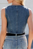 Casual Solid Color Distressed Buttons V Neck Sleeveless Regular Denim Jacket