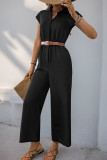 Casual Solid Color Patchwork Without Belt V Neck Loose Jumpsuits(No belt)