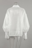 Sexy Solid Color Buttons See-Through Mesh Turndown Collar Tops