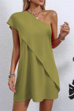 Casual Solid Color Flounce Sloping Shoulder Irregular Dresses