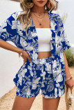 Vacation Floral Print Pocket Cardigan Collar Short Sleeve Two Pieces