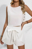 Daily Solid Color Lace Up Buttons O Neck Sleeveless Two Pieces