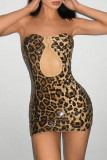 Sexy Leopard Hollow Out Sequins Patchwork Strapless Wrapped Skirt Dresses