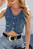 Casual Solid Color Distressed Buttons V Neck Sleeveless Regular Denim Jacket