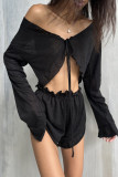 Sexy Solid Color Lace Up V Neck Long Sleeve Two Pieces