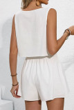 Daily Solid Color Lace Up Buttons O Neck Sleeveless Two Pieces