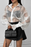 Sexy Solid Color Buttons See-Through Mesh Turndown Collar Tops