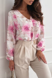 Elegant Floral Print Contrast V Neck Tops