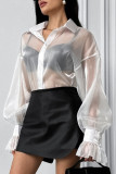 Sexy Solid Color Buttons See-Through Mesh Turndown Collar Tops