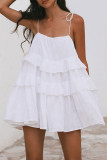 Sexy Solid Color Lace Up Flounce U Neck Cake Skirt Dresses