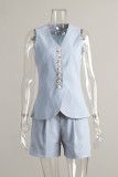 Casual Solid Color Pocket Buttons V Neck Sleeveless Two Pieces