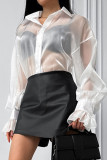 Sexy Solid Color Buttons See-Through Mesh Turndown Collar Tops