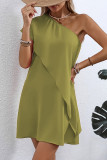Casual Solid Color Flounce Sloping Shoulder Irregular Dresses