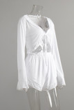 Sexy Solid Color Lace Up V Neck Long Sleeve Two Pieces