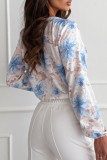 Elegant Floral Print Contrast V Neck Tops