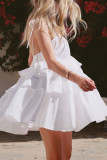 Sexy Solid Color Lace Up Flounce U Neck Cake Skirt Dresses