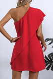 Casual Solid Color Flounce Sloping Shoulder Irregular Dresses