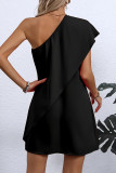Casual Solid Color Flounce Sloping Shoulder Irregular Dresses
