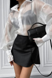 Sexy Solid Color Buttons See-Through Mesh Turndown Collar Tops