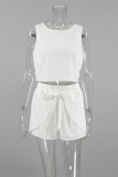 Daily Solid Color Lace Up Buttons O Neck Sleeveless Two Pieces