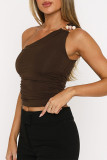 Sexy Solid Color Metal Accessories Trim Irregular Sloping Shoulder Tops