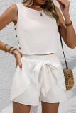 Daily Solid Color Lace Up Buttons O Neck Sleeveless Two Pieces
