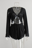 Sexy Solid Color Lace Up V Neck Long Sleeve Two Pieces