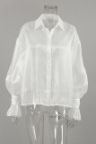 Sexy Solid Color Buttons See-Through Mesh Turndown Collar Tops