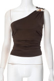 Sexy Solid Color Metal Accessories Trim Irregular Sloping Shoulder Tops