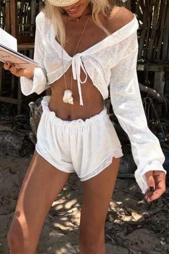 Sexy Solid Color Lace Up V Neck Long Sleeve Two Pieces