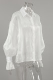 Sexy Solid Color Buttons See-Through Mesh Turndown Collar Tops