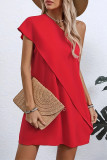 Casual Solid Color Flounce Sloping Shoulder Irregular Dresses