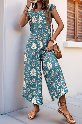 Casual Floral Print Contrast O Neck Loose Jumpsuits