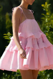 Sexy Solid Color Lace Up Flounce U Neck Cake Skirt Dresses