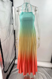 Sexy Gradient Print Lace Up Backless Contrast Halter Long Dresses