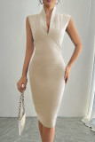 Sexy Solid Color Ruched V Neck Wrapped Skirt Dresses