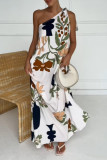 Elegant Floral Print Lace Up Contrast Sloping Shoulder Printed Dresses