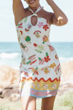 Vacation Graffiti Print Lace Up Backless Halter Printed Dresses