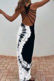 Sexy Tie Dye Print Backless Contrast U Neck Long Dresses