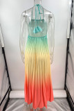 Sexy Gradient Print Lace Up Backless Contrast Halter Long Dresses