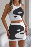 Sexy Colorblock Weave Contrast O Neck Sleeveless Two Pieces