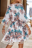 Vacation Floral Print Draw String Fringed Hem Swimwears Cover Up