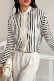 Casual Stripe Buttons Contrast Mandarin Collar Tops