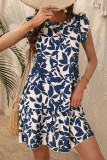 Vacation Floral Print Flounce Contrast O Neck A Line Dresses
