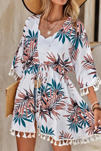 Vacation Floral Print Draw String Fringed Hem Swimwears Cover Up