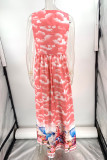 Casual Landscape printing Lace Up Contrast V Neck Sleeveless Dresses