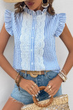 Daily Stripe Lace Buttons Mandarin Collar Tops