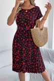 Elegant Love Print Lace Up Pleated O Neck A Line Short Sleeve Dress